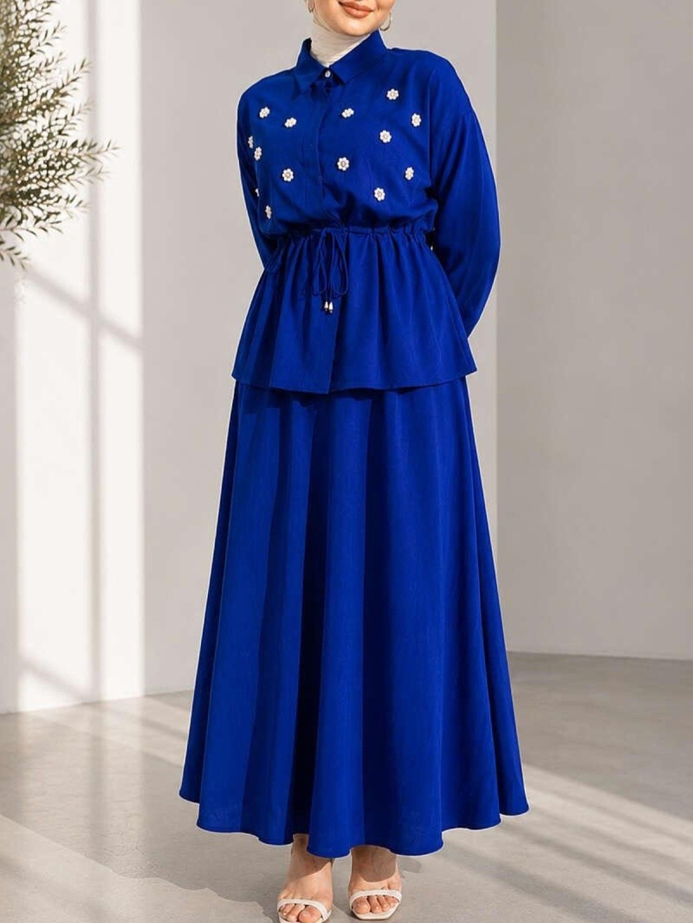 Modest Pearl Flower Peplum Top Maxi Skirt Set Royal Blue NWOT XL